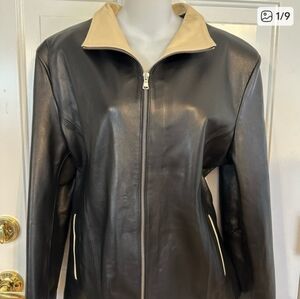 Vera Pelle Black Leather Jacket with Cream Collar